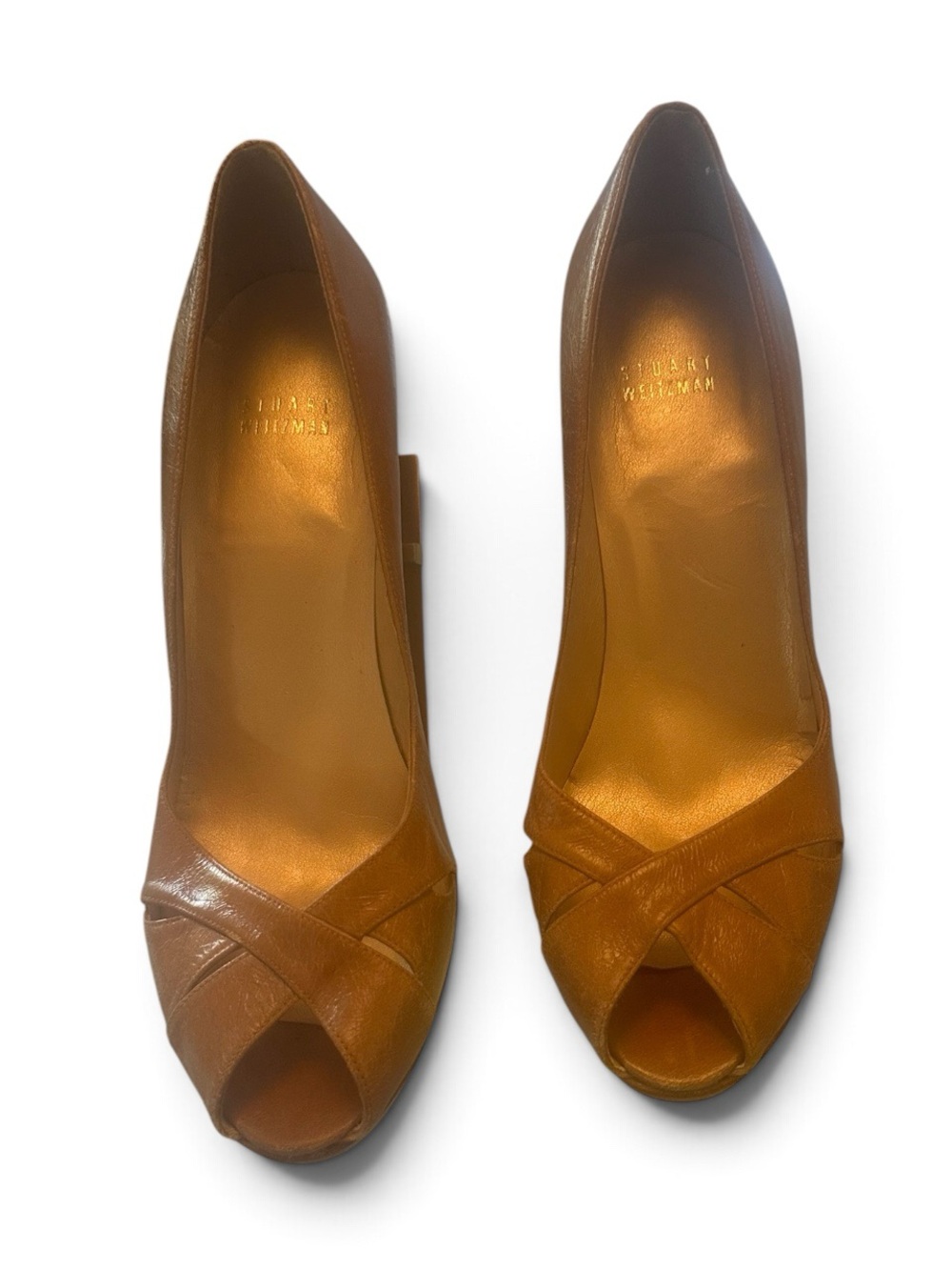 Stuart Weitzman Cognac Leather Peep-Toe Pumps